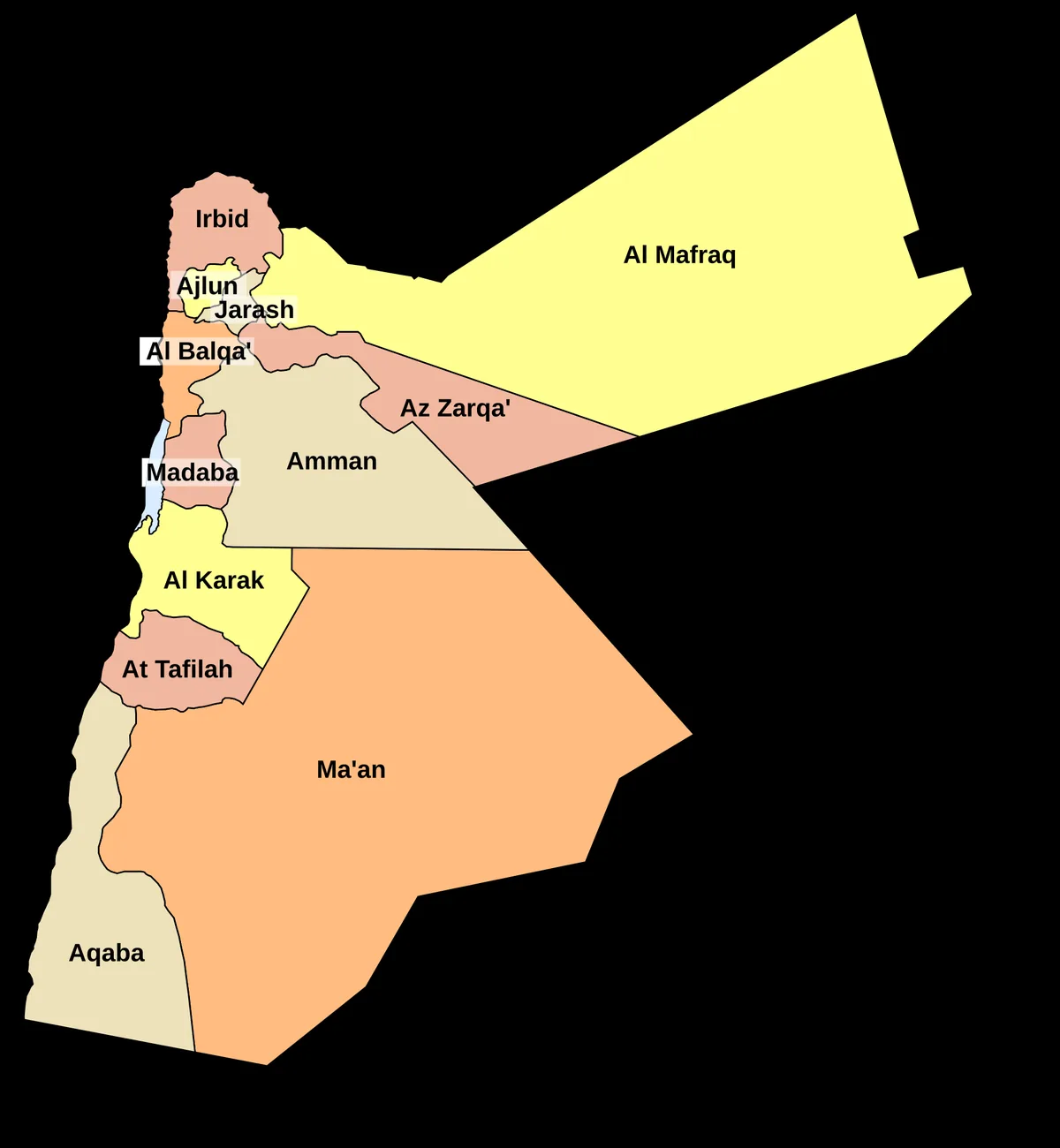 Administrative map of the twelve governorates of Jordan