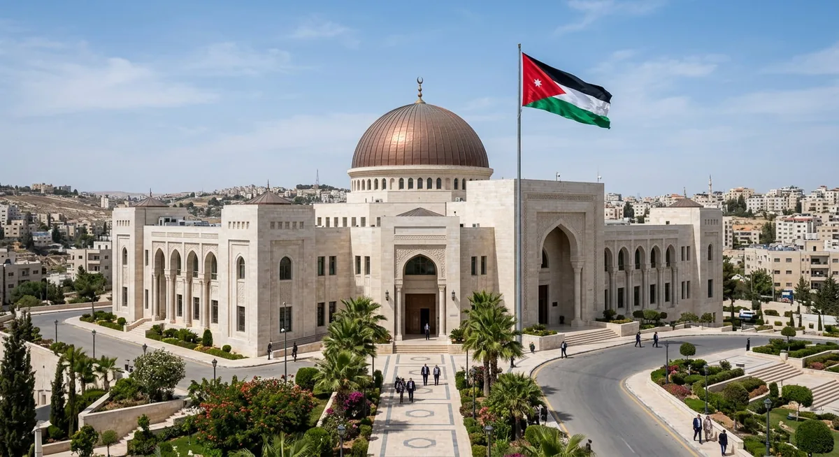 مبنى البرلمان الأردني في عمّان مع العلم الوطني